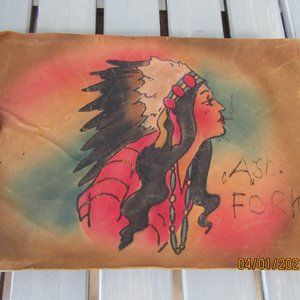 1940s Vintage Kid Leather Scrap Book, Handpainted Native American in Headdress,